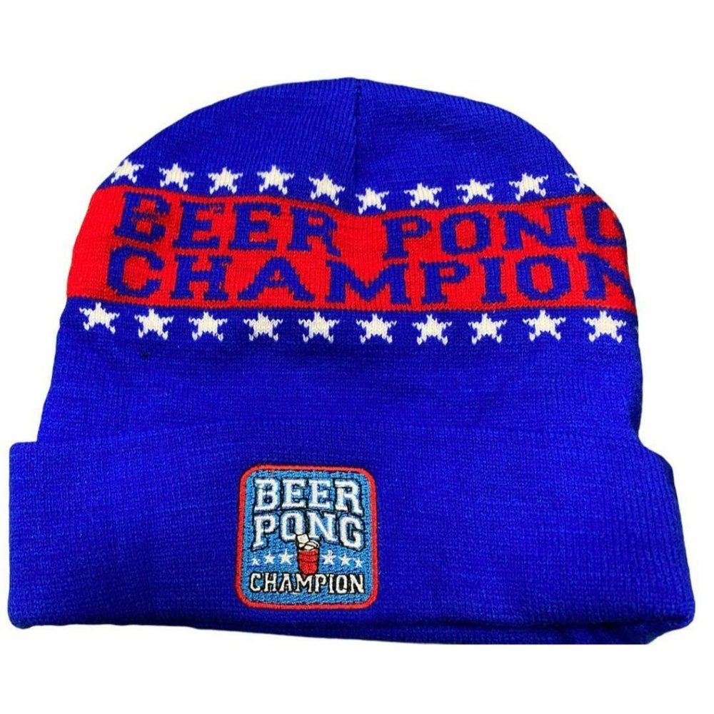 Beer Pong Drinking Champion Cuffed Knit Beanie Hat Ski Winter Cap NEW